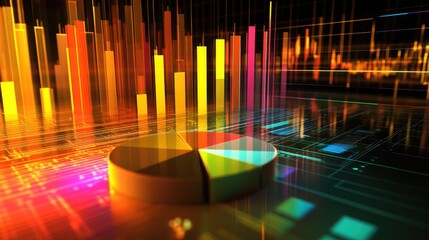 Poster - A 3D financial chart showing bar graphs and pie charts with vivid colors and dynamic lighting effects, set against a futuristic background with data grids.