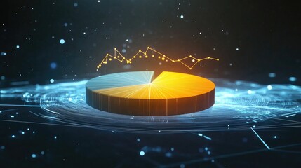 Poster - A 3D pie chart floating above a digital interface, with segments rotating and percentages displayed in real-time, representing business analytics and data visualization.