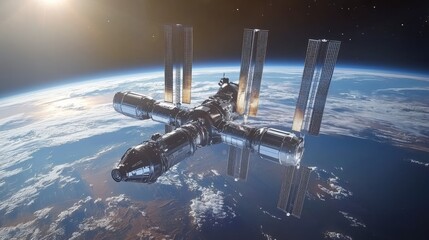 An advanced orbital station around Earth during the day.