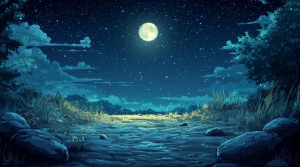 Wall Mural - an anime-style icon of a full moon in the night sky, with shimmering stars and bright moonlight illu