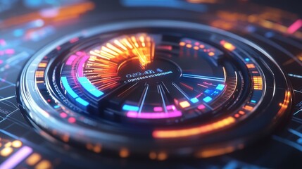Poster - A close-up of a 3D pie chart with metallic segments, highlighted by dynamic lighting, set against a digital interface with real-time business metrics displayed.
