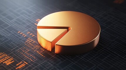 Poster - A close-up of a 3D pie chart with metallic segments, highlighted by dynamic lighting, set against a digital interface with real-time business metrics displayed.