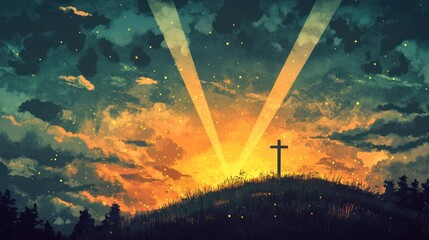 Wall Mural - Sunset Cross Silhouette on Hilltop, Divine Light Beams, Peaceful Night Sky