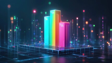 Poster - A colorful 3D bar chart with each bar labeled by percentage, floating above a high-tech surface, surrounded by digital data points and futuristic grids.