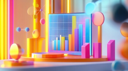 Poster - A creative 3D financial chart with interactive bars and pie slices, displayed on a large touchscreen in a business meeting, representing investment opportunities.