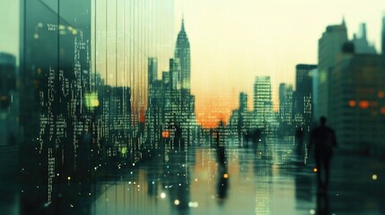 Poster - A creative composition featuring a stock market graph overlaid on a blurred city skyline, symbolizing the connection between urban development and financial growth.
