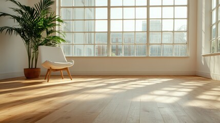 Wall Mural - This image features a spacious sunlit room with a large window, a stylish modern chair, and a tall lush green plant in a pot, creating a serene atmosphere.