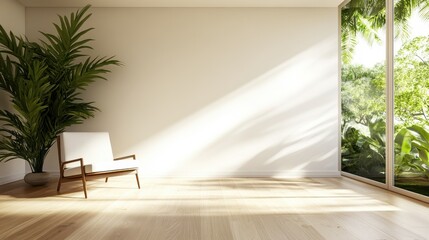 Wall Mural - A minimalist interior showcasing a simple armchair beside a tall indoor plant, with bright sunlight streaming through a large window that overlooks greenery outside.