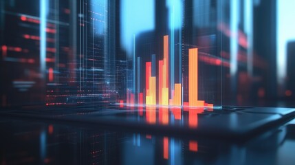 Poster - A detailed 3D bar chart on a laptop screen, with bars growing in height as data is processed in real-time, symbolizing business success and analytical precision.