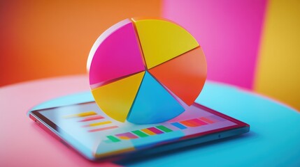 Poster - A detailed 3D pie chart with bright, contrasting colors, each segment labeled with percentages, hovering over a digital tablet screen, symbolizing mobile business analytics.