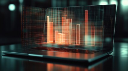 Poster - A detailed 3D bar chart on a laptop screen, with bars growing in height as data is processed in real-time, symbolizing business success and analytical precision.