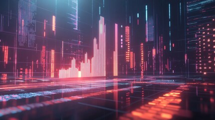 Poster - A digital 3D financial chart with glowing bars and line graphs, hovering above a virtual platform, symbolizing cutting-edge data analysis in the financial industry.