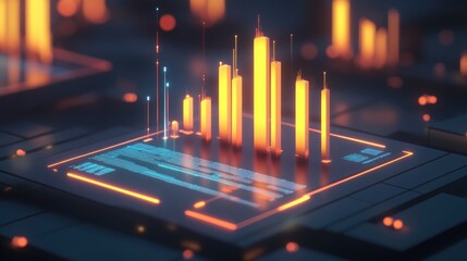 Poster - A digital 3D financial chart with glowing bars and line graphs, hovering above a virtual platform, symbolizing cutting-edge data analysis in the financial industry.