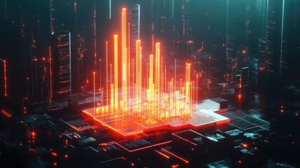 Poster - A digital 3D financial chart with glowing bars and line graphs, hovering above a virtual platform, symbolizing cutting-edge data analysis in the financial industry.