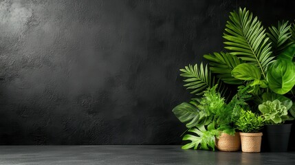 Wall Mural - A stylish arrangement of various indoor plants, including palms and succulents, is placed against a dark background, offering a sense of tranquility and freshness.