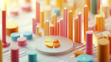 Poster - A dynamic 3D financial chart with segmented bars and rotating pie charts, set against a backdrop of scrolling data, representing real-time business analytics.