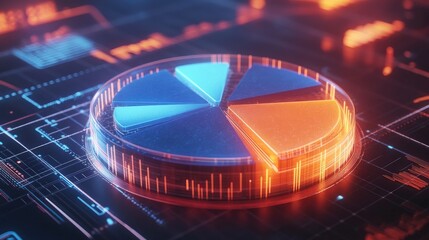 Poster - A dynamic 3D pie chart with rotating segments in different shades of blue and orange, set against a futuristic background with glowing data lines and graphs.