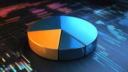 Poster - A dynamic 3D pie chart with rotating segments in different shades of blue and orange, set against a futuristic background with glowing data lines and graphs.