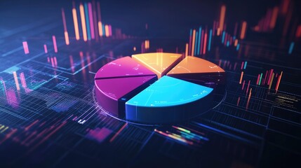 Poster - A dynamic 3D pie chart with spinning segments, surrounded by floating data points, symbolizing real-time business insights and modern data visualization techniques.