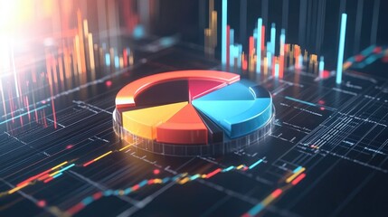 Poster - A dynamic 3D pie chart with spinning segments, surrounded by floating data points, symbolizing real-time business insights and modern data visualization techniques.