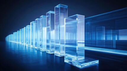 Poster - A futuristic 3D bar chart with transparent, glass-like bars, standing against a digital interface filled with data streams and analytics, symbolizing cutting-edge business insights.
