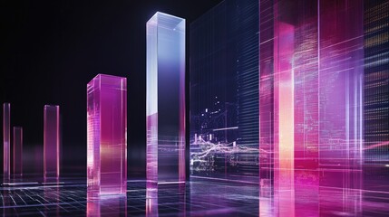 Poster - A futuristic 3D bar chart with transparent, glass-like bars, standing against a digital interface filled with data streams and analytics, symbolizing cutting-edge business insights.