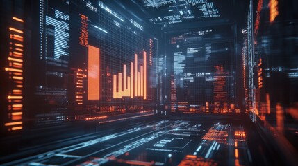 Poster - A futuristic 3D financial chart with glowing bar graphs and data points, set against a high-tech background, representing business growth and investment strategies
