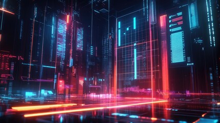 Poster - A futuristic 3D financial chart with glowing bar graphs and data points, set against a high-tech background, representing business growth and investment strategies