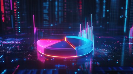 Poster - A futuristic 3D pie chart with glowing neon segments, rotating in mid-air against a dark background filled with data points and graphs, representing financial analytics.