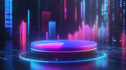 Poster - A futuristic 3D pie chart with glowing segments, rotating slowly above a virtual platform, representing advanced data analysis in a high-tech business environment.