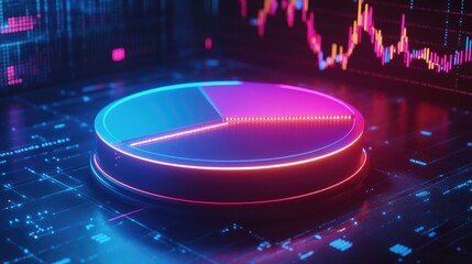 Poster - A futuristic 3D pie chart with glowing neon segments, rotating in mid-air against a dark background filled with data points and graphs, representing financial analytics.