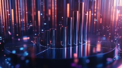 Poster - A high-tech 3D financial chart with metallic bars rising from a sleek surface, surrounded by floating data points, symbolizing financial success and market analysis.