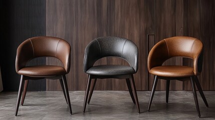 Poster - Three Modern Leather Chairs Against a Wood Panel Wall