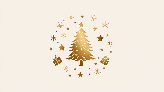 A logo design featuring a Christmas tree, star, and other elements in gold foil on a white background. The central focus is the silhouette of an ornate Christmas pine tree with glittering stars