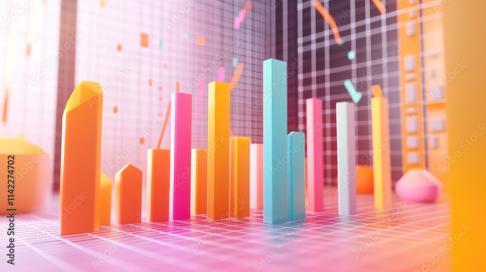 A modern 3D bar chart floating in mid-air, with bars of varying heights ...