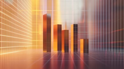 Poster - A modern 3D bar chart floating in mid-air, with bars of varying heights representing business performance, against a digital grid background with real-time analytics.