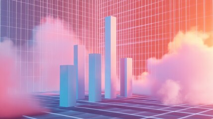 Poster - A modern 3D bar chart floating in mid-air, with bars of varying heights representing business performance, against a digital grid background with real-time analytics.