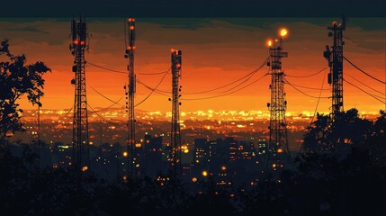 Poster - A nighttime scene of a city illuminated by lights, with cell phone towers standing tall, symbolizing the continuous connectivity that modern technology provides even after dark.