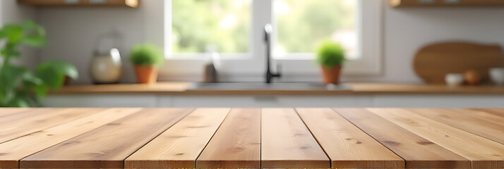 Aufkleber - Wooden tabletop with blurred kitchen background suitable for product display or creating a key visual layout in a montage._00003_