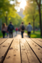Poster - Wooden tabletop texture amidst blurred figures in a serene Park City landscape, exuding a sense of natural elegance and subtle atmosphere._00003_