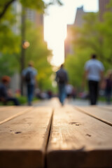 Poster - Wooden tabletop texture amidst blurred figures in a serene Park City landscape, exuding a sense of natural elegance and subtle atmosphere._00002_