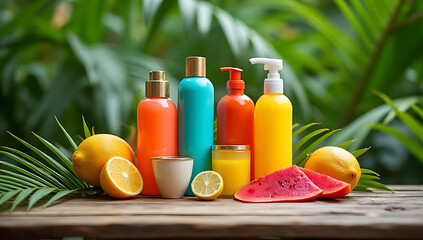 Aufkleber - Vibrant colors are displayed on a wooden table surrounded by palm leaves amidst a natural setting to showcase summer products._00003_