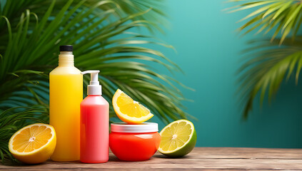 Aufkleber - Vibrant colors are displayed on a wooden table surrounded by palm leaves amidst a natural setting to showcase summer products._00002_
