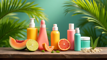 Aufkleber - Vibrant colors are displayed on a wooden table surrounded by palm leaves amidst a natural setting to showcase summer products._00001_
