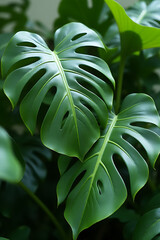 Poster - Tropical botanical concepts are featured with selective focus on real monstera leaves used in a decorative composition design._00001_