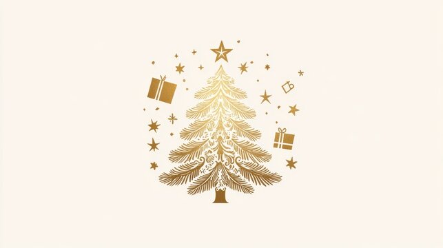 A logo design featuring a Christmas tree, star, and other elements in gold foil on a white background. The central focus is the silhouette of an ornate Christmas pine tree with glittering stars