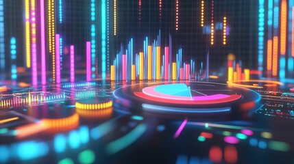 Poster - A sleek 3D financial chart with colorful bars, pie charts, and line graphs, surrounded by futuristic financial data streams on a digital dashboard.