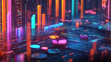 Poster - A sleek 3D financial chart with colorful bars, pie charts, and line graphs, surrounded by futuristic financial data streams on a digital dashboard.