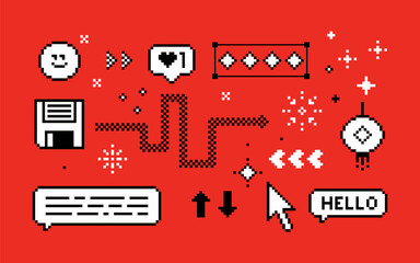Fototapete - Chinese New Year pixel icon set. Y2k trendy bg. Mood of 90s aesthetics. 8 bit retro style vector illustration. Red background. Simple geometric form, arrow, symbol, snake. Game abstract elements