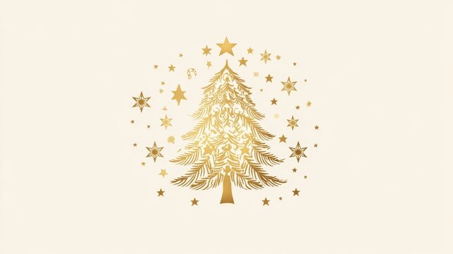 A logo design featuring a Christmas tree, star, and other elements in gold foil on a white background. The central focus is the silhouette of an ornate Christmas pine tree with glittering stars